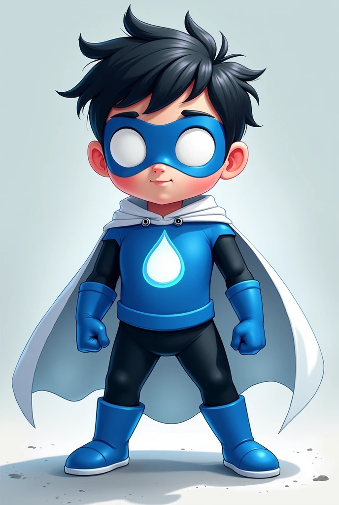 Create an image of a teenager with water powers, This teenager is 10 years old and is wearing a costume with a blue shirt with the symbol of a white drop in the middle., he wears a blue mask with completely white eyes, and also wears black pants with a white cape, This teenager has white skin and black hair, He's a little fat, and he has short, coarse hair.