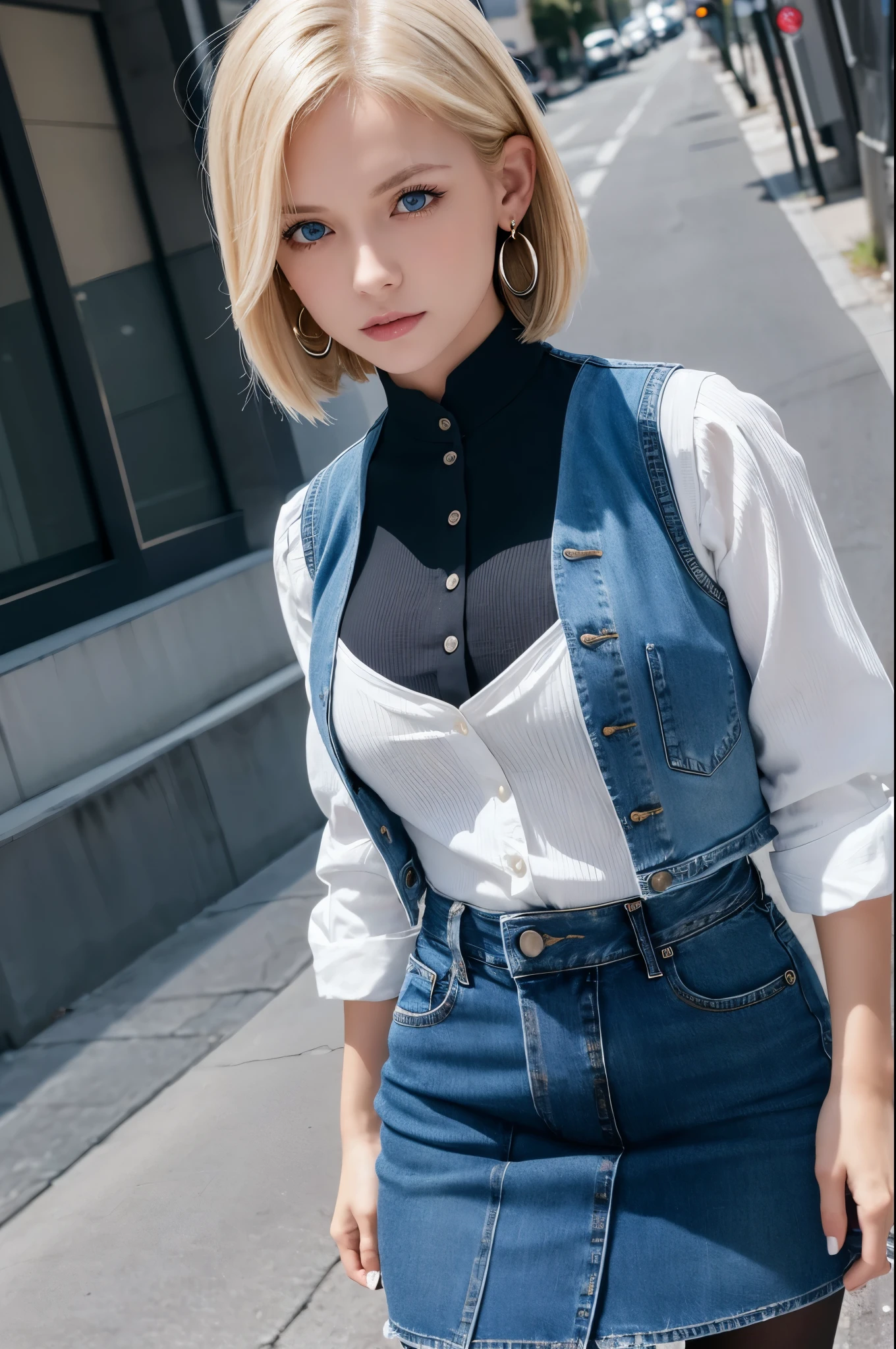 8k,Highest quality, High resolution, AND18, One Girl, Android 18, alone, Blonde, blue eyes, short hair, Earrings, jewelry, Denim dress, Open Vest, Black Pantyhose, Black Shirt, Jeans Skirt, long sleeves with stripes, Blue Skirt, Medium chest, Cowboy Shot, street, (External dilated chest: 1.2) The body's aura is released (Blue white light effect),Highest qualityのフォトリアリスティックRAW写真。Backlight、Cinema Lighting、Film Grain、50mm lens、Nikon D850、Realistic Skin、Fantasy art、Character Art、超High resolution、muscular and slim body、超Realistic Skin、Super Muscular Beauty,smile,
