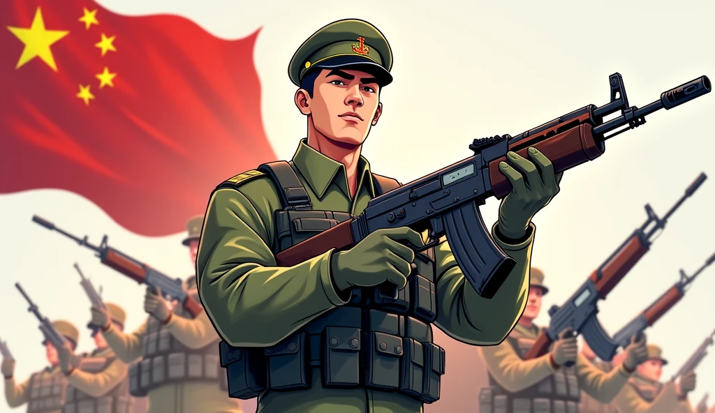 (The background is transparent)(There is a complete,The map is red,On the left is the five-star red flag) (A handsome Chinese cartoon man in camouflage uniform holding an AK47 submachine gun)(The theme is"If there is a war,Must return when summoned!",The font must be strong and powerful)(The whole picture looks very loving.)(The whole picture is full of sci-fi weapons)