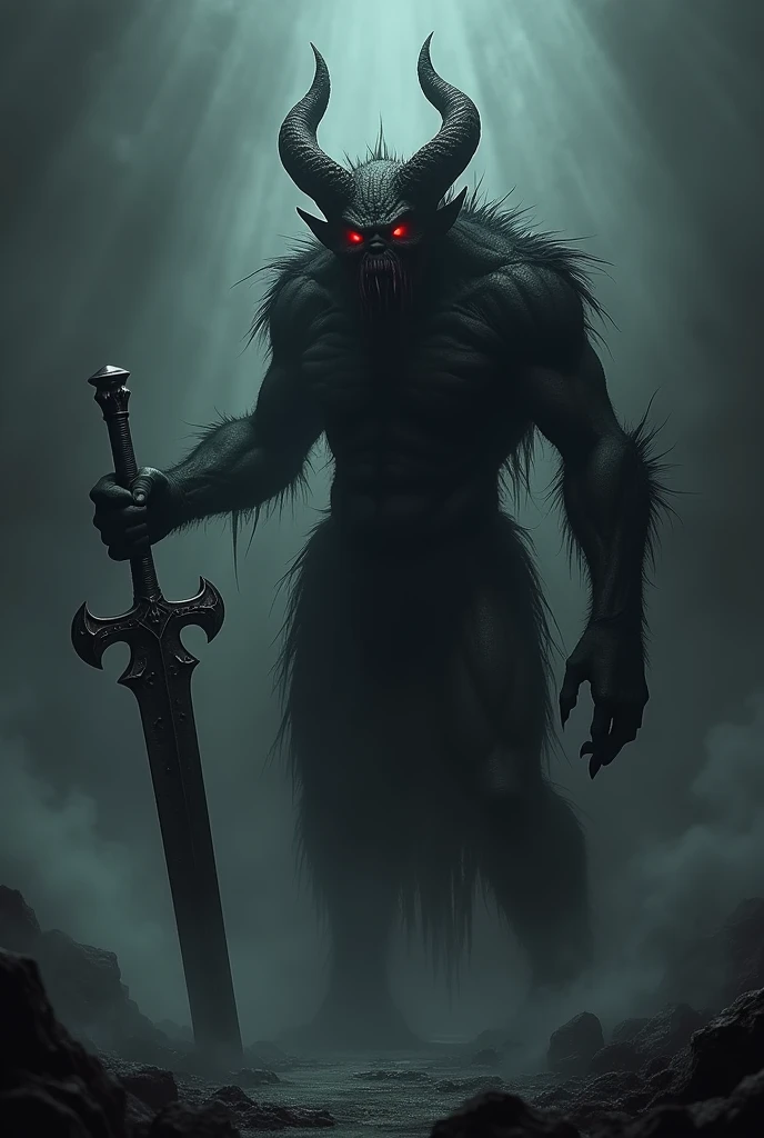 2 meter tall demon Black eye pupils Vision of pure terror Holds a giant black sword Arrogant smile 