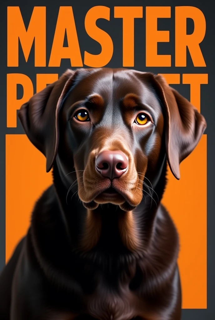 Create a professional banner written master pet in orange and black with a chocolate labrador