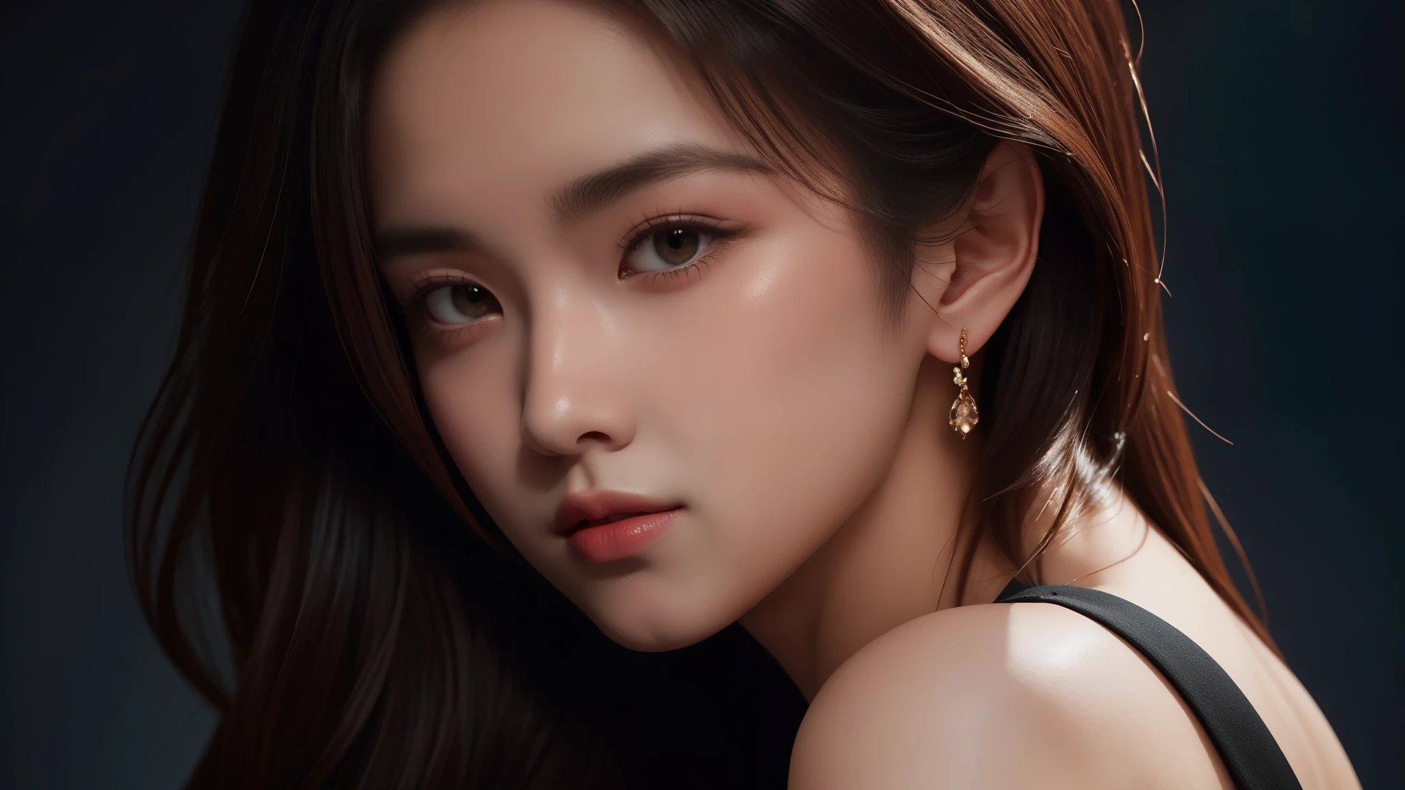 The artwork features a stunning portrait of a beautiful girl with a dark theme, ultra-sharp 16k CG, a masterpiece, excellent image quality, very delicate), (excellent lighting and shadows, exquisite and beautiful), truly smooth skin, bright face, displaying near-perfect 18k quality, versatile, lovely.