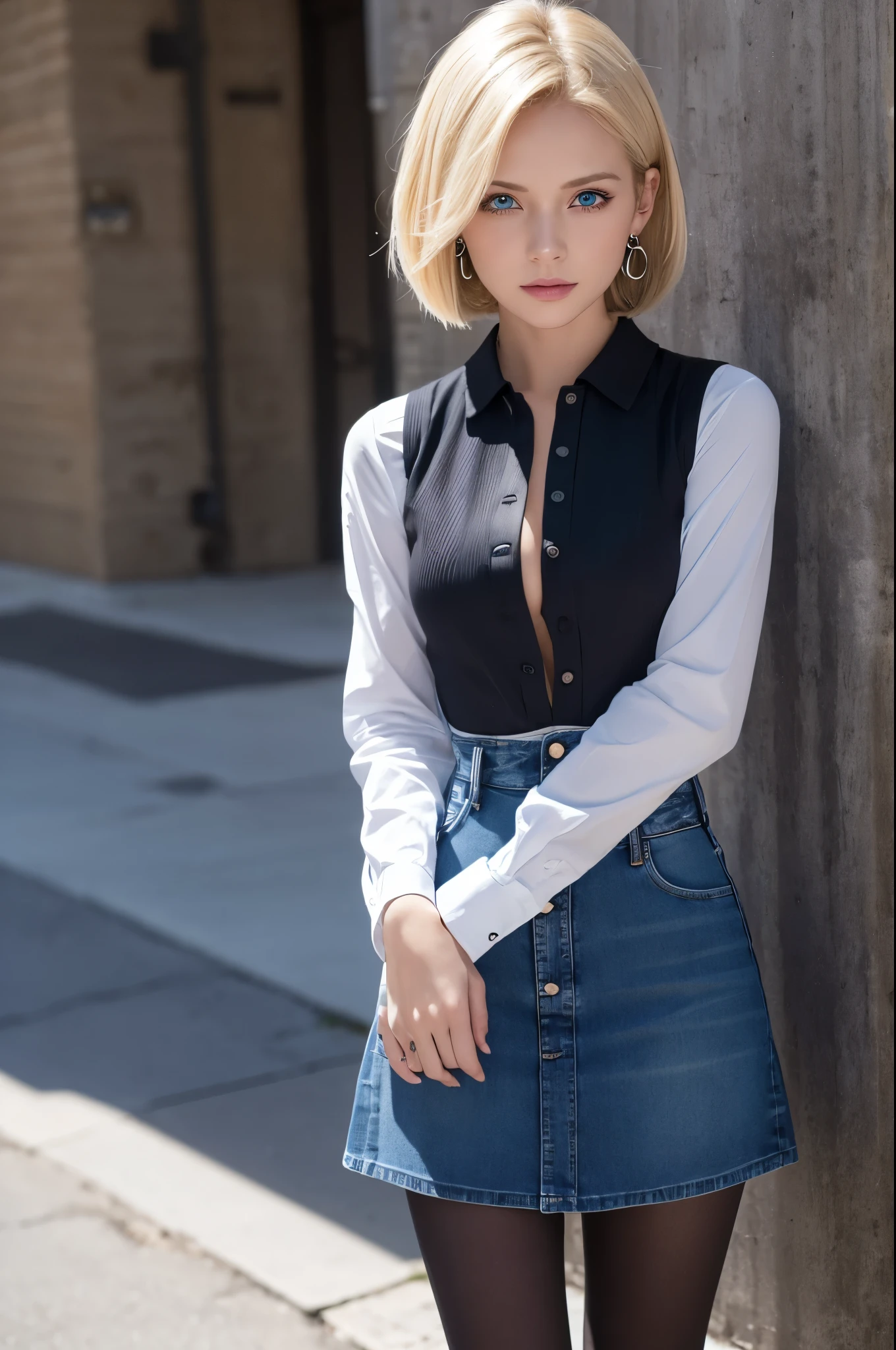 8k,Highest quality, High resolution, AND18, One Girl, Android 18, alone, Blonde, blue eyes, short hair, Earrings, jewelry, Denim dress, Open Vest, Black Pantyhose, Black Shirt, Jeans Skirt, long sleeves with stripes, Blue Skirt, Medium chest, Cowboy Shot, street, (External dilated chest: 1.2)　The body&#39;s aura is released　(Blue white light effect),Highest qualityのフォトリアリスティックRAW写真。Backlight、Cinema Lighting、Film Grain、50mm lens、Nikon D850、Realistic Skin、Fantasy art、Character Art、超High resolution、muscular and slim body、超Realistic Skin、Super Muscular Beauty,smile,