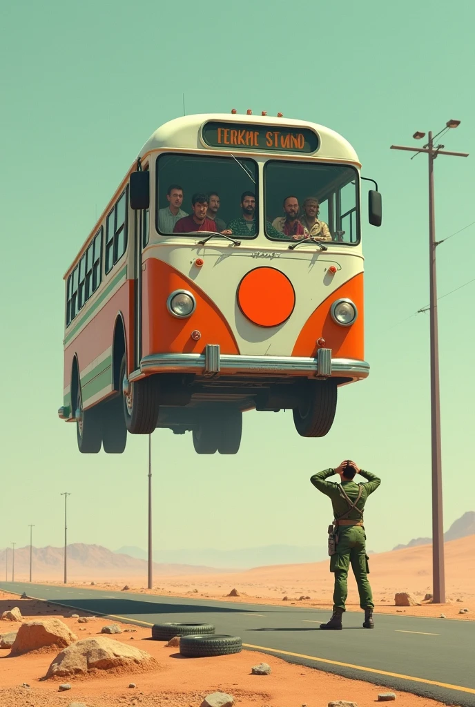 Généré une image d'un bus plein des personnes noir qui on l'air perdu, le bus a trois couleurs orange, blanche et vert, et un disque orange au centre de la couleur blanche, sur une route longue en plein désert, avec un militaire debout à côté du bus ses deux mains sur sa tête, le bus n'a pas des roues et est suspendu sur quatres criques, à côté il y'a quatres pneus par terre