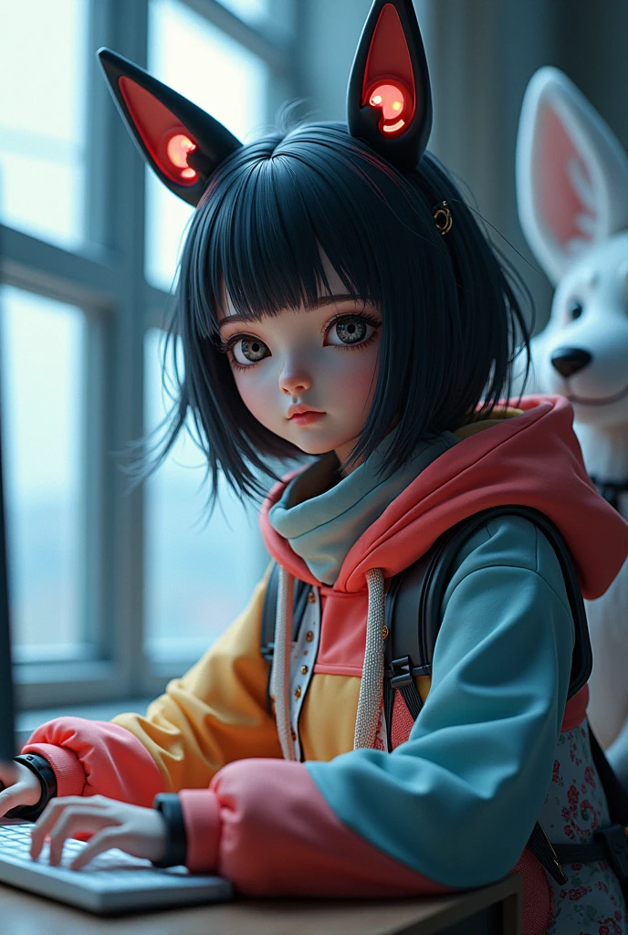 Black medium long hair with black rabbit ears and black eyes, ustida moviy fudbolka boynida gulli rang barang sharf chiroyli robot qiz computer qarab Katta deraza yonida otiribti yonida toqqiz dumli Tulki bor 3d