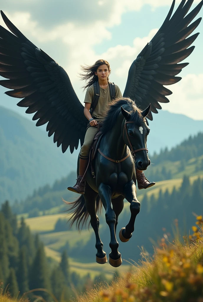 Teenage trailblazer riding a black pegasus