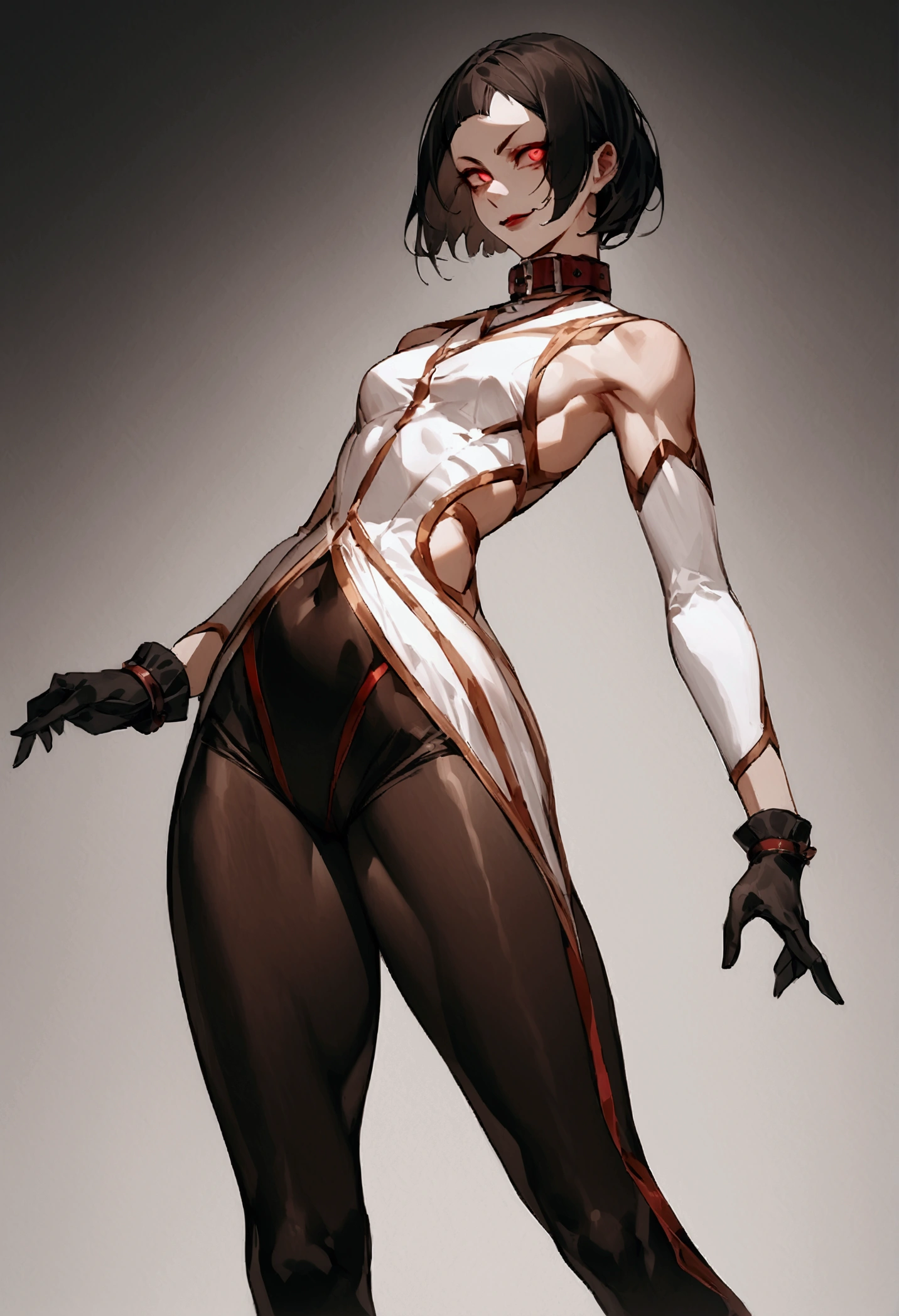 fully body,standing,alone,short hair,work of art,face detailed,young fitness linda,Wearing black pantyhose,tight white sweater with collar ,neckleace,evil smile,red eyes glowing,labiaa,eye shadow,bangs on the eyes,black gloves
