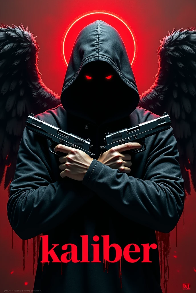 Black hooded man, mysterious, red eyes, bloody angel halo above head, black angel wings, bloody background, holding two guns, word “kaliber” in large text below it, hyper realism, logo