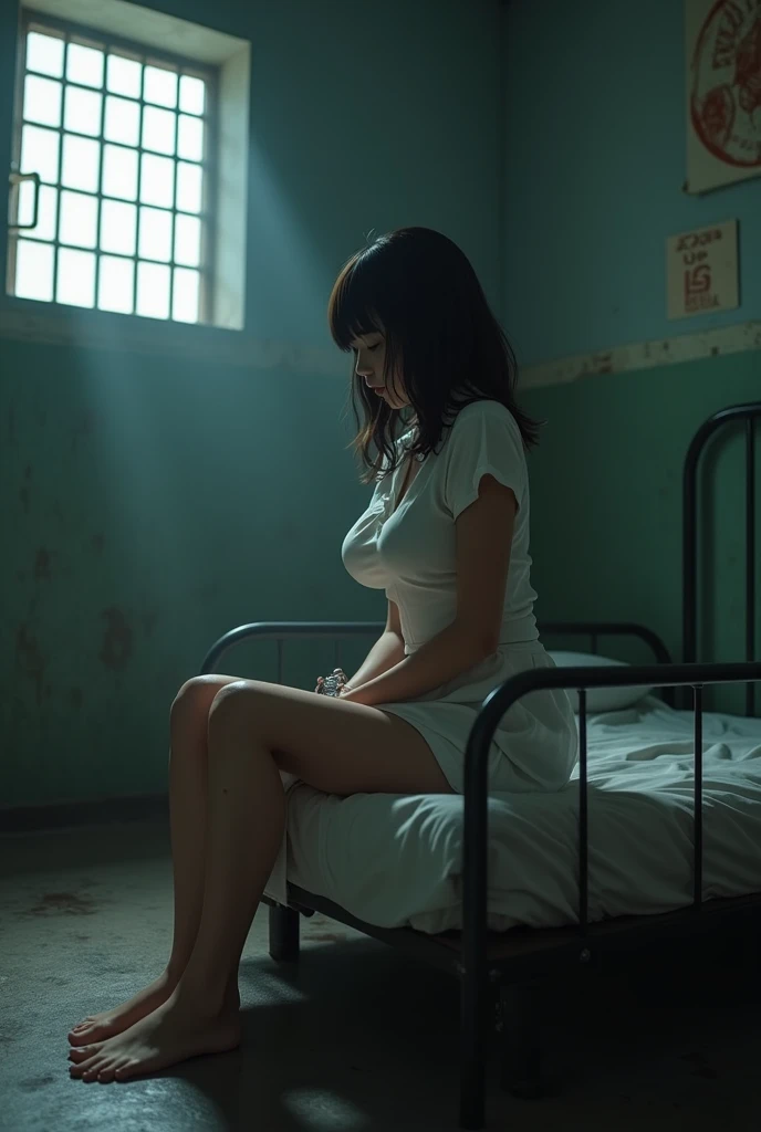 {{{torn, Wrap the whole body with a white bandage, Braless}}}, masutepiece, Best Quality, High solution, 32K HDR, Ultra-realistic texture, hyper derailed face, Portrait, (natural, 1 girl, Super huge cleavage), {{A Japanese Lady}}, Detailed eyes, {eroticism 1.5}, Photorealism, (view of Full body shot), Model Body Style, (Standing on crutches, Shabby and messy hospital room, In an abandoned hospital),