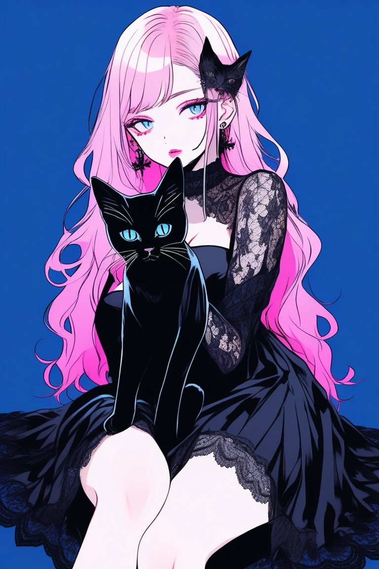 Illustrator, anime , Realistic ,sketch , 1 person, model, Age 25, lip, Black gothic dress with lots of lace,、, And a clear design.., order, Blue and pink gradient background, Neon Medium Hair, Big Breasts, look back, whole body, (((Black kitten on my lap))), Sexy look, Texture Trim, Canadian, (masterpiece,Highest quality)