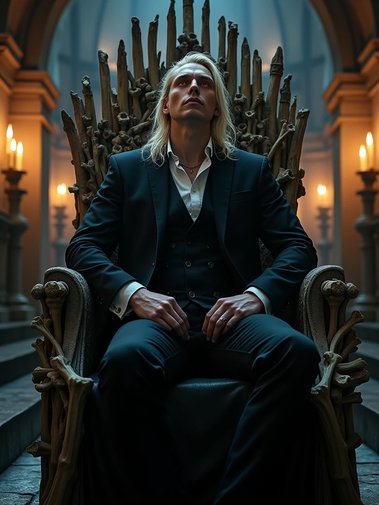 ((masterpiece, 8K, best quality, high resolution:1.3)), (a vampire sitting on his throne made of human bones in a dark castle:1.2), (editorial style photo:1.2), (his eyes are red and his skin is very pale:1.2), (his hair is long and blonde:1.2), (he is very strong:1.2), (his clothes are in Victorian style:1.2), (focus on his face:1.2), (Canon EOS 5DS R camera, perfect for capturing the intricate details of the scene:1.2), (paired with the Canon EF 85mm f/1.2L II USM lens:1.2), (the scene is illuminated with dramatic, low-key lighting:1.2), (his intense and piercing gaze showcasing his power:1.2), (a moment frozen in time, capturing his dark allure and the gothic atmosphere:1.3), (ultra photorealistic, highlighting his striking features and the eerie castle setting:1.3), (an image that transports viewers to a haunting and captivating moment:1.2), (a scene that exemplifies the mystique and danger of the vampire:1.2), Cinematic, Hyper-detailed, insane details, Beautifully color graded, Cinematic Lightning, Insanely detailed and intricate, Hyper maximalist, Volumetric, Full color, HDR, shallow depth of field, high budget Hollywood film, cinemascope, moody, epic, gorgeous