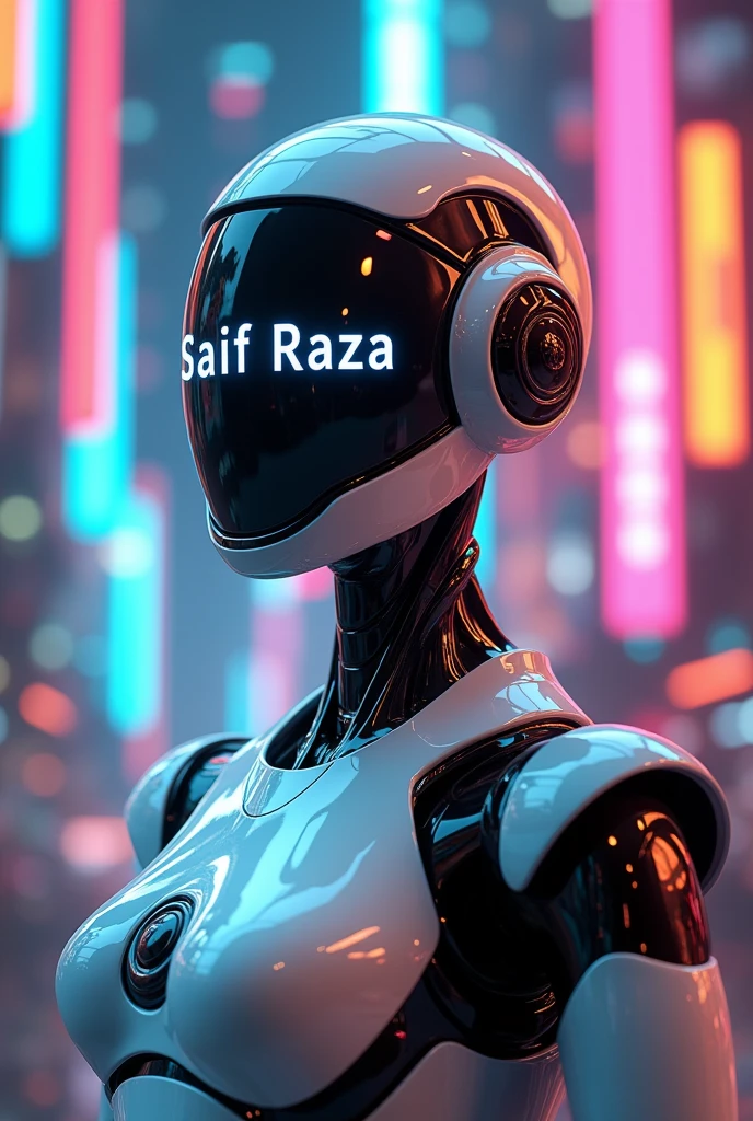 Robot with display head , "Saif Raza " word written on his display head , with colorful glowing background