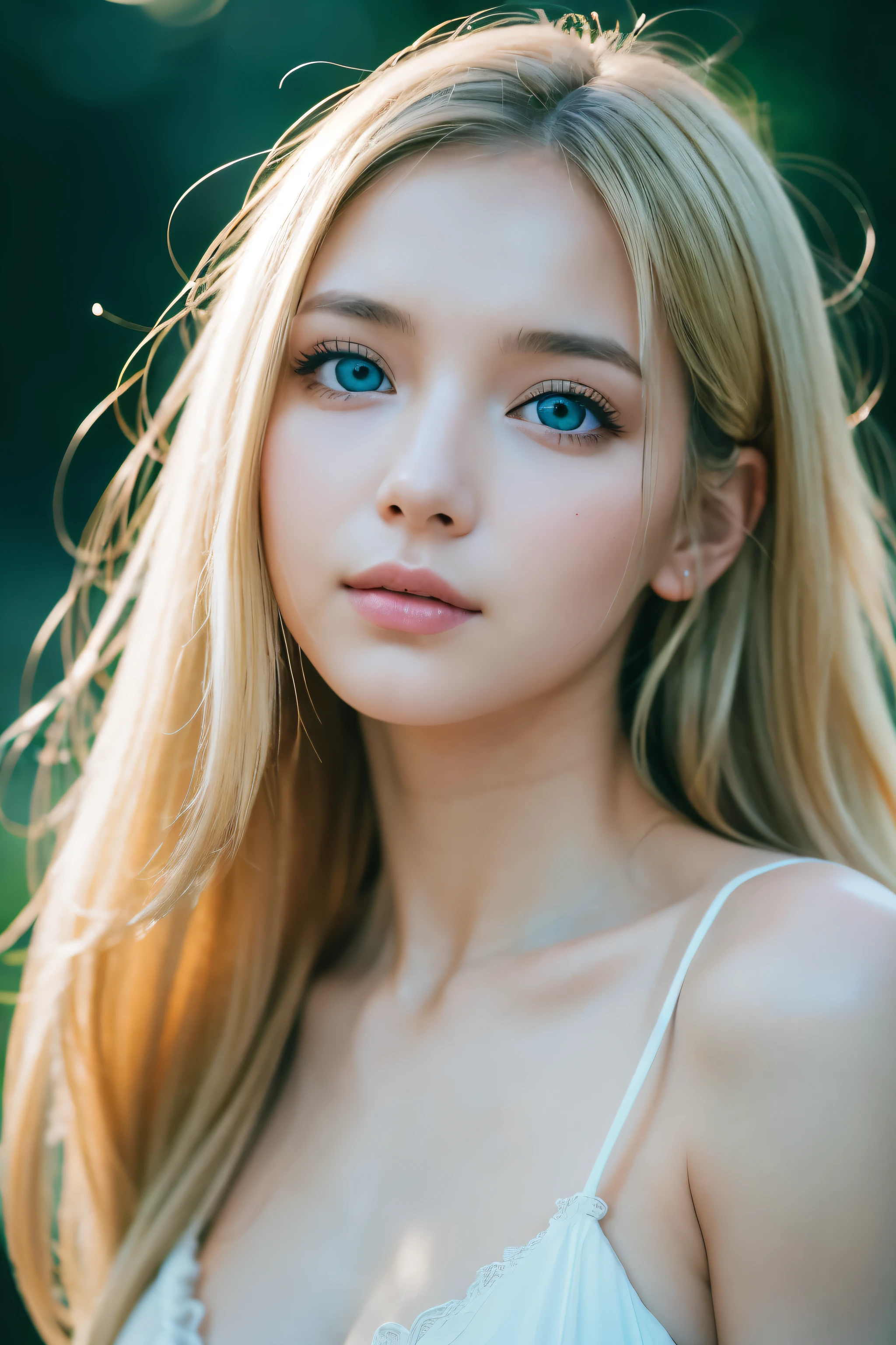 At night, RAW Photos, (((Very beautiful portrait))), ((Glowing Skin)), One girl, 23 year old woman from Prague, ((Natural blonde hair)), [blue eyes], Long Hair, eyeliner, Fluttering Hair, Vividness, ((masterpiece, 最high quality, Super detailed, Cinematic Light, Intricate details, High resolution, 8K, Very detailed)), Detailed Background, 8K Ultra HD, Digital SLR, Soft lighting, high quality, Film Grain, Fujifilm XT3, Shallow depth of field, Natural light, (Perfect hands), Perfect Face, View from afar