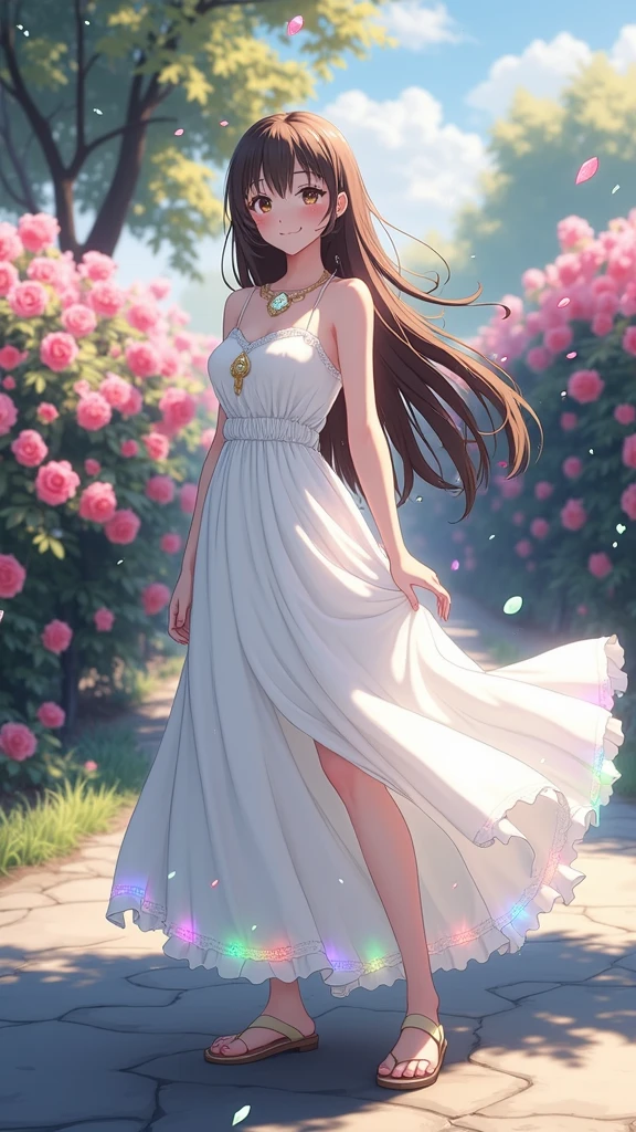 (masterpiece、Highest quality、8k、High resolution)、(One female、Beautiful Face、Beautiful eyes、Beautiful lips、Beautiful nose)、smile、The white upper teeth are faintly visible、Brown-black hair、(The best girl in anime)、garden、blue sky、Colorful flowers are blooming、Vibrant colors、Red roses are beautiful、(Body、whole bodyから神秘的な光の粒子、Colorful light particles、A mysterious light glowing around the head)、melt、jewelry、necklace、dress、(whole body)、Highly detailed anime art、A complete portrayal、