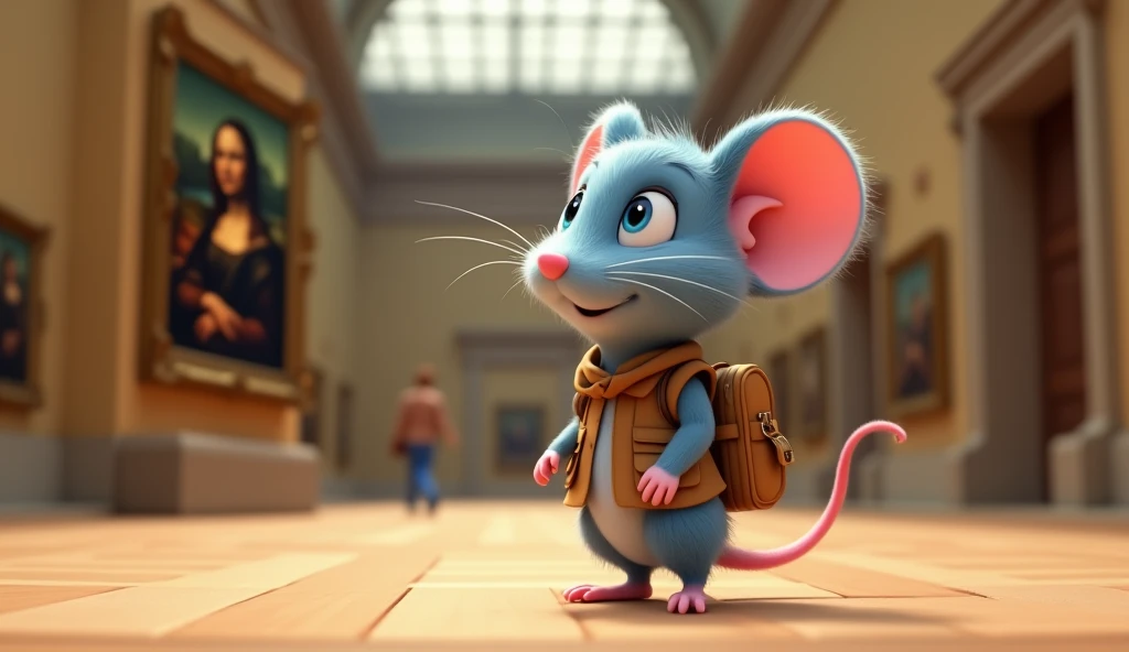 A charming 3D animated scene featuring a small light blue mouse inside the Louvre Museum. The mouse, dressed in a brown explorer's vest, with a small backpack and tiny explorer boots, stands in front of the iconic MONA LISA. Its big, round blue eyes are wide with wonder as it looks around the museum. The mouse's pink tail curls slightly behind it, and it has an excited expression as if discovering the art for the first time. The scene captures the grandeur of the Louvre with the adventurous spirit of the mouse. Pixar-Disney style, DIGITAL ART.