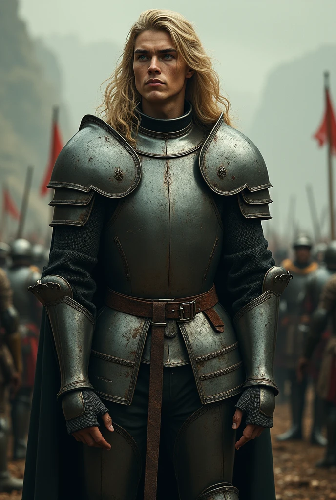 tall and thin soldier, 26 years old, defined chin, square and very handsome jaw, long blond hair and intense green eyes. Wearing medieval steel armor, with mencholic eyes