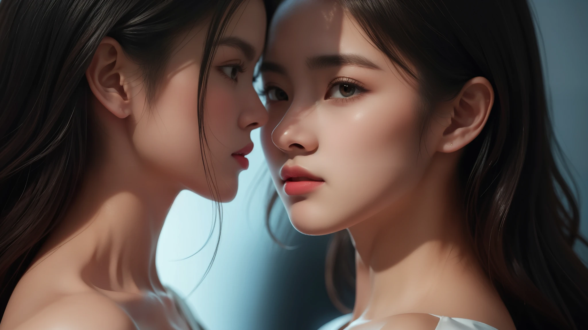 The artwork features a stunning portrait of a beautiful girl with a dark theme, ultra-sharp 16k CG, a masterpiece, excellent image quality, very delicate), (excellent lighting and shadows, exquisite and beautiful), truly smooth skin, bright face, displaying near-perfect 18k quality, versatile, lovely.