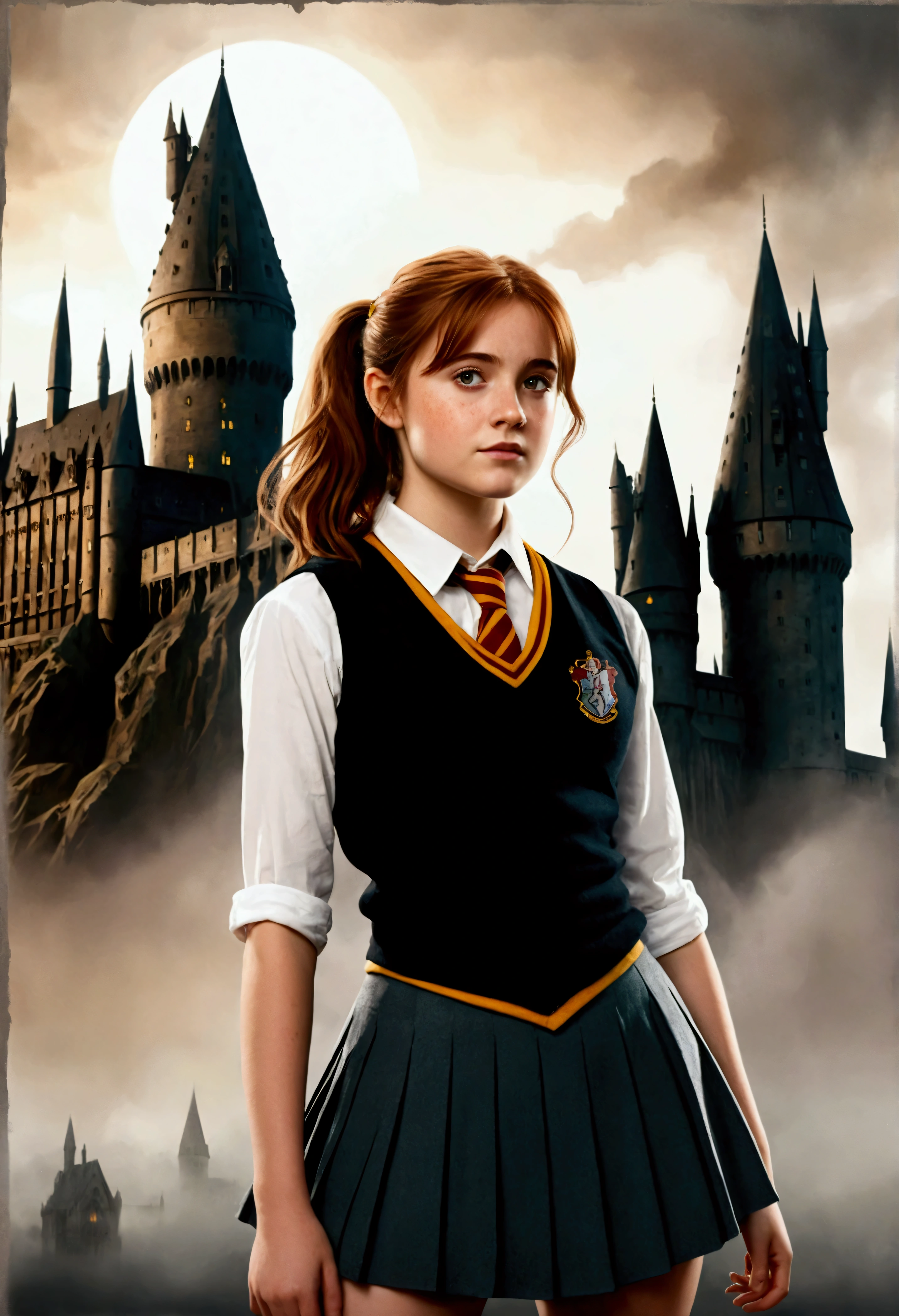An illustrated movie poster, hand-drawn, full color, a female Hogwarts student, 18 years old, wearing a charcoal vest and a pleated skirt, tall, toned, amazonian stature, athletic hourglass figure, full wide hips, massive round butt, long shapely legs, ridiculously thick powerful thighs, auburn hair, messy ponytail, flushed sun-kissed complexion, freckles, resembkes Natalie Dyer, standing in front of Hogwarts Castle, surrounded by mist, graphite shading, stencil marks, airbrushed acrylic paint, masterpiece, in the Deathly Hallows 