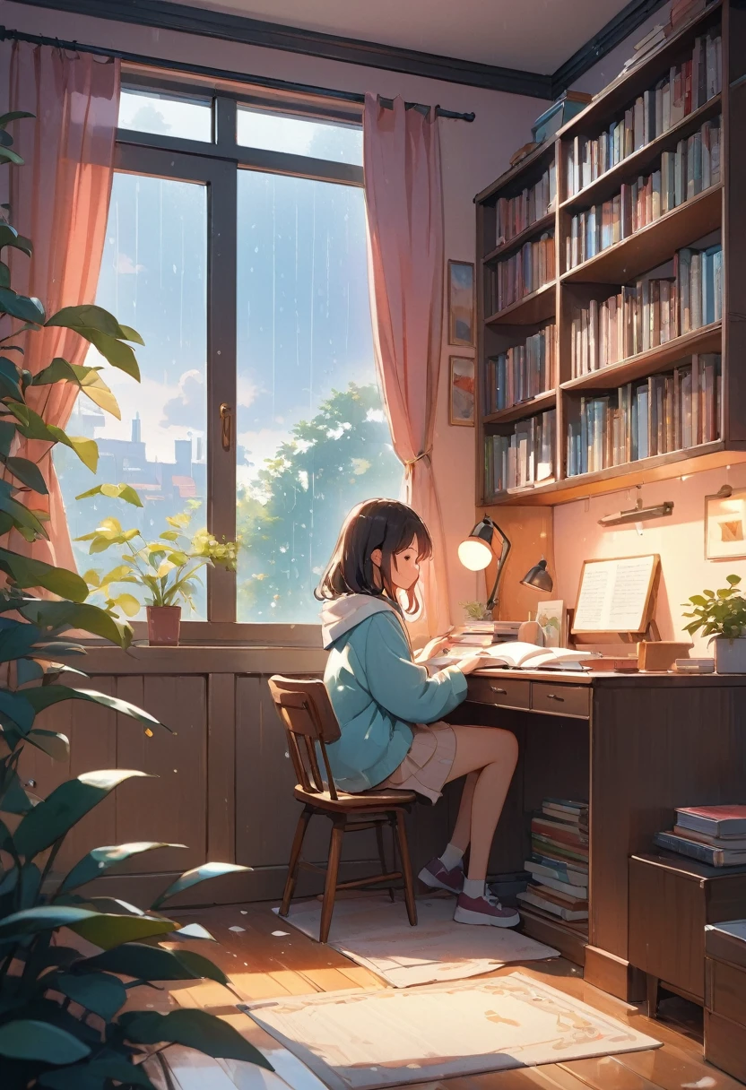 ((Ridiculous)),超high resolution, Attention to detail, high quality, high resolution, 最high quality, 4K, 8K, A girl is reading at the desk. She can see the bookcase and the floor. It is raining outside. It is a comfortable and warm atmosphere suitable for lofi music style. Picture 16:9. You need to be able to see the whole room and the side of the girl.