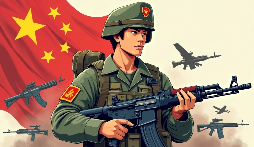 (The background is transparent)(There is a complete,The map is red,On the left is the five-star red flag) (A handsome Chinese cartoon man in camouflage uniform holding an AK47 submachine gun)(The theme is"If there is a war,Must return when summoned!",The font must be strong and powerful)(The whole picture looks very loving.)(The whole picture is full of sci-fi weapons)