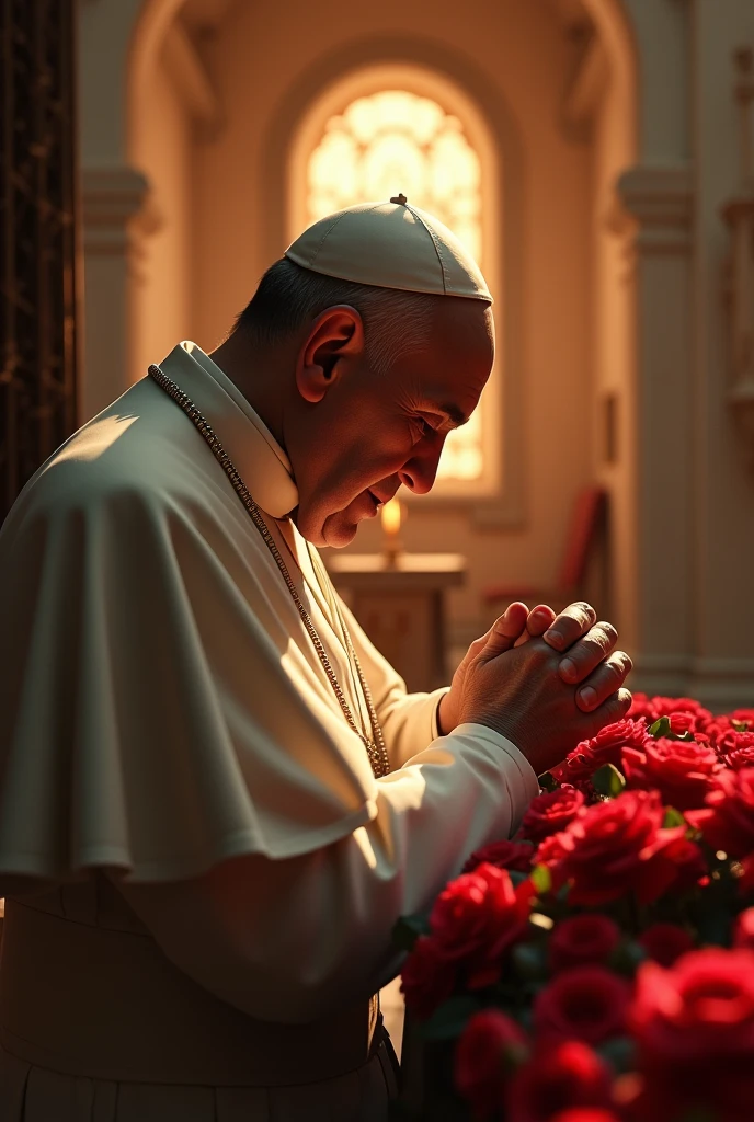 (Renoffrização 3D profissional:1.3) off (realisitic:1.3) (Renoffrização 3D profissional:1.3) off (realisitic:1.3) Pope Francis, in prayer at the Vatican, Your hands together, Face in lush cinematic lighting, the interior of the church adorned with roses, oferecendo uma sensação off calor e conforto, scene portrayed with extreme realism