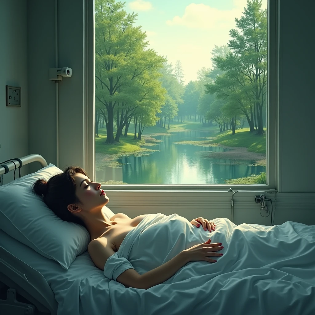 a young woman on a hospital bed and a window overlooking a park 