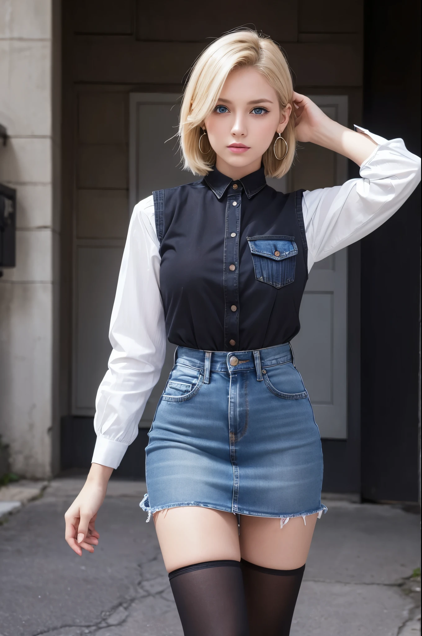 (cowboy shot: 1.2), (android_18, and 18(dragonball z), (Finely drawn beautiful eyes and detailed face), (Face through thighs: 1.4), (knee shot: 1.2), blonde hair, alone, lady, (beautiful background), :), dynamic angle, blue eyes, bright face, sunlight, (Bright face: 1.2), very wide hips, very thick thighs, full body shot, alone, blonde hair,  blue eyes, short hair, earrings, jewelry, denim dress, open vest, (black shirt), denim skirt, (long striped sleeves), blue skirt, Brown Cowboy Boots