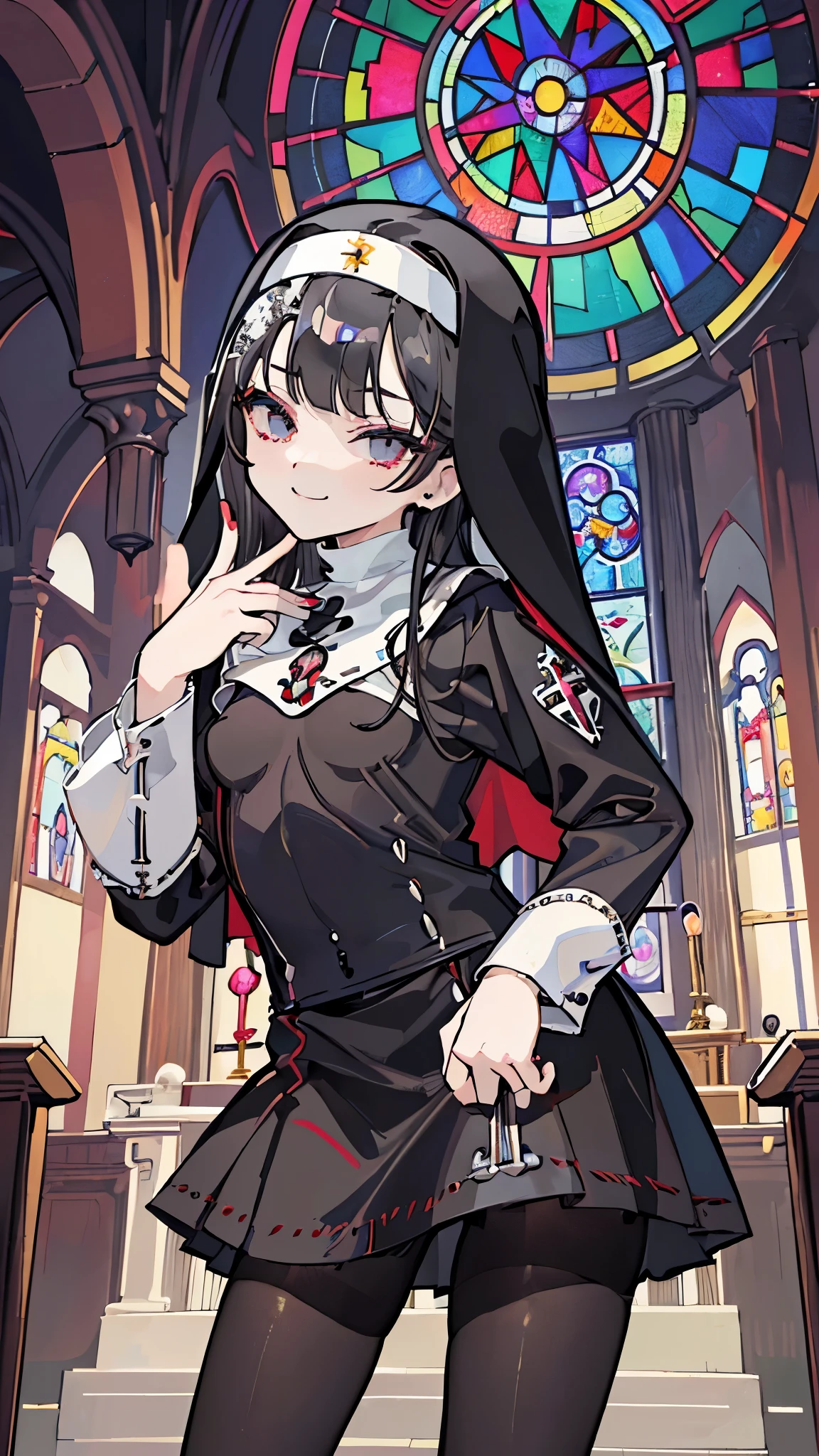 ((masterpiece、Highest quality、Very detailed))、One person、Black Hair、Long Hair、Wavy Hair、blunt bangs、Grey Eyes、evil smile、((lots of piercing))、((Small breasts))、((nun))、((micro miniskirt))、((pantyhose))、Cowboy Shot、Put your hand over your mouth、Stained glass、altar、Church Background