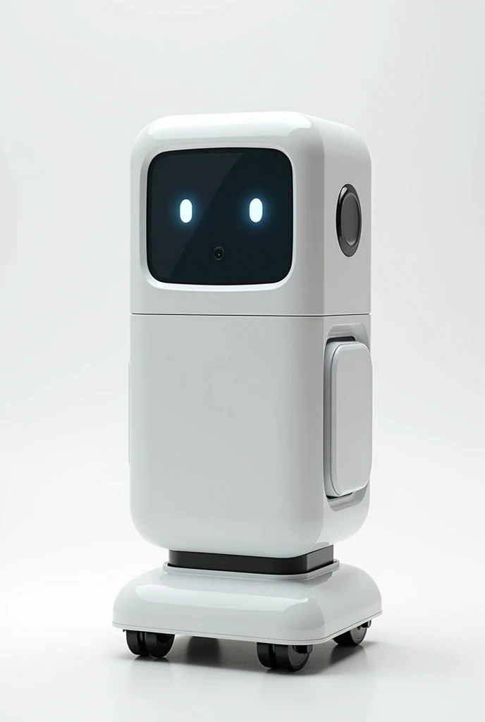 Cute and friendly Service robot have no legs nor arms no head. can put something inside its square cabinet body, tall and have transparent display . Mostly white colour. And slightly black. Small wheels