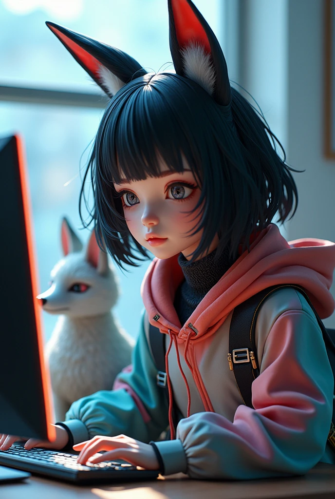 Black medium long hair with black rabbit ears and black eyes, ustida moviy fudbolka boynida gulli rang barang sharf chiroyli robot qiz computer qarab Katta deraza yonida otiribti yonida toqqiz dumli Tulki bor 3d
