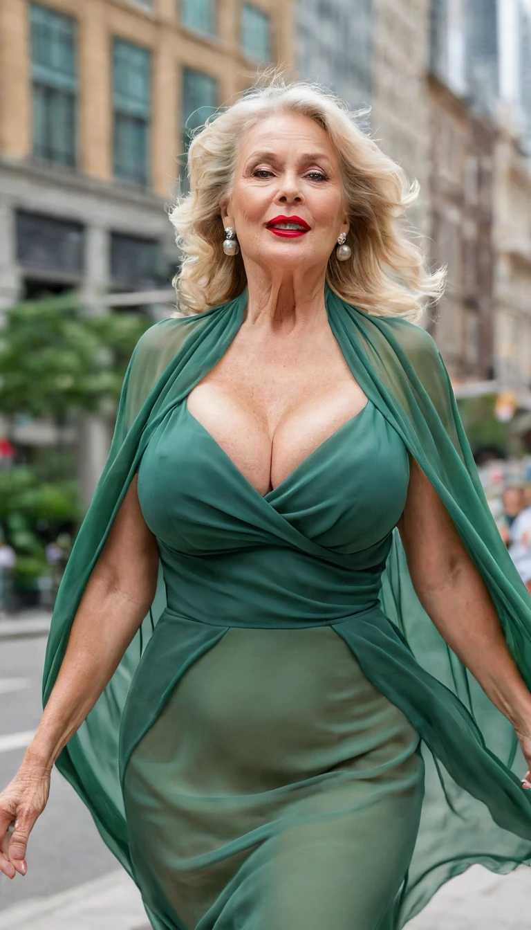 Gorgeous and Glamour blonde woman 70yo with gigantic breast running in the city, she's a lawyer, (green elegant sheer chiffon dress:1.4), red lips, (saggy breast), generous cleavage, realistic photography