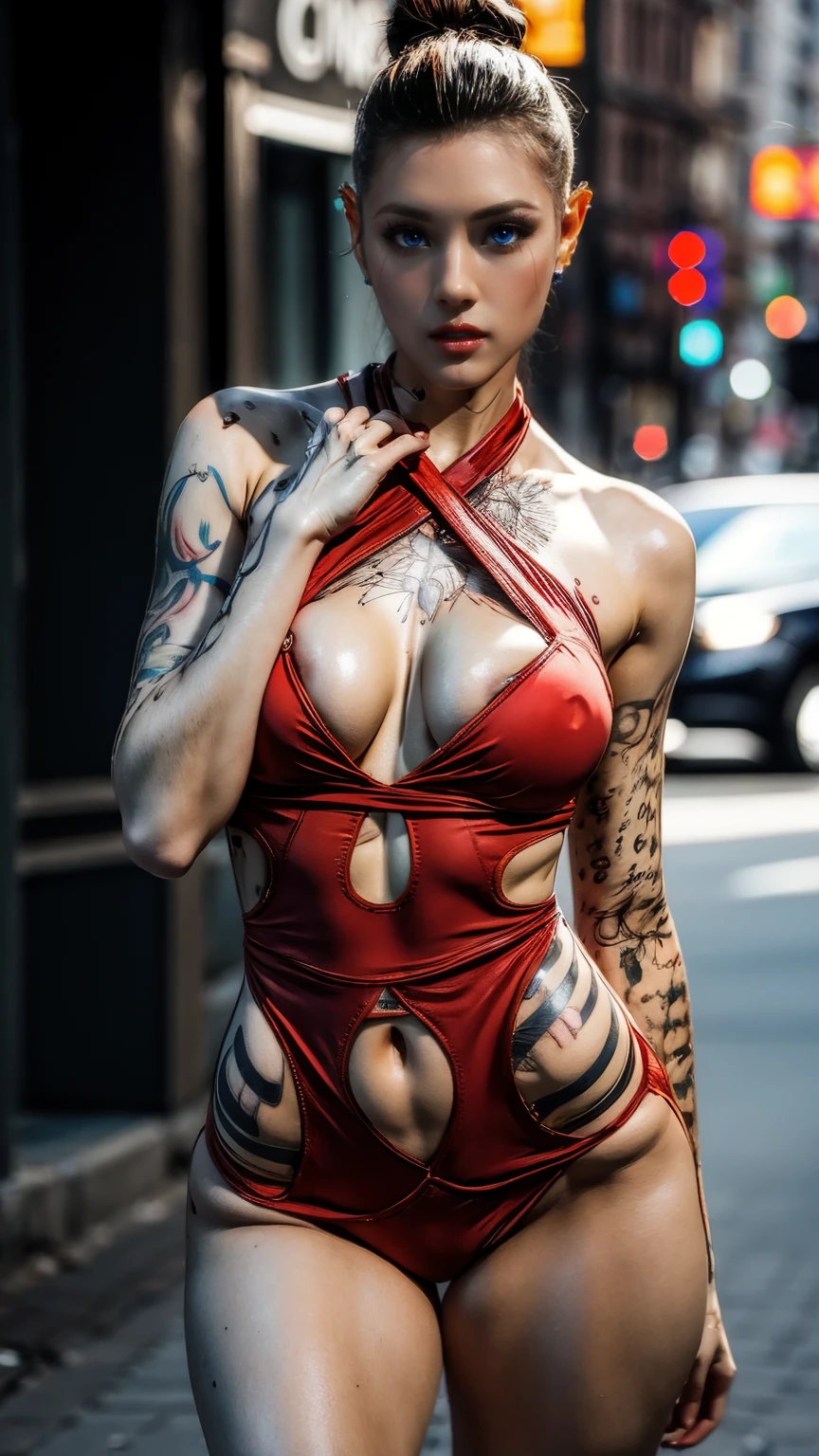 full body portrait, wide angle, a woman in her late 30s, various modeling poses,slim_soft_and_slender build, (very low set breasts:1.4), (small_and_perky_bust:1.4), bodycon dress (red:1.4), honey blonde hair in a messy bun, 8k,masterpiece,strong details,vivid colors,extremely detailed tattoos,extremely detailed face and body, perfect posing,detailed hands, best hands, human anatomy, perfect anatomy, smooth_and_slim_muscle, NYC street, jack, no bra