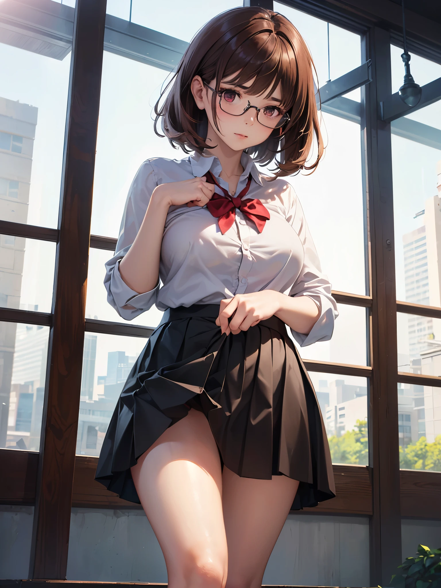 1girl and 1Teddy Bear, Mari Makinami, blue big eyes, brown hair, thick red rimmed glasses, headband, twintails, dress shirt, plaid skirt, pantyhose, school uniform, thighhighs, necktie, Slightly slim Beautiful figure, parted bangs, ((fall on one's butt with open legs:1.2, Teddy Bear is sticking face in her skirt:1.2, Clumsy, muff diving, She shyly holds down her skirt:1.2)), Lucky Happenings, ((In the classroom)), ((masterpiece)), (anime realistic), High resolution, Best Quality, artistic photography, Super detailed, (high quality texture:1.2), RAW photos