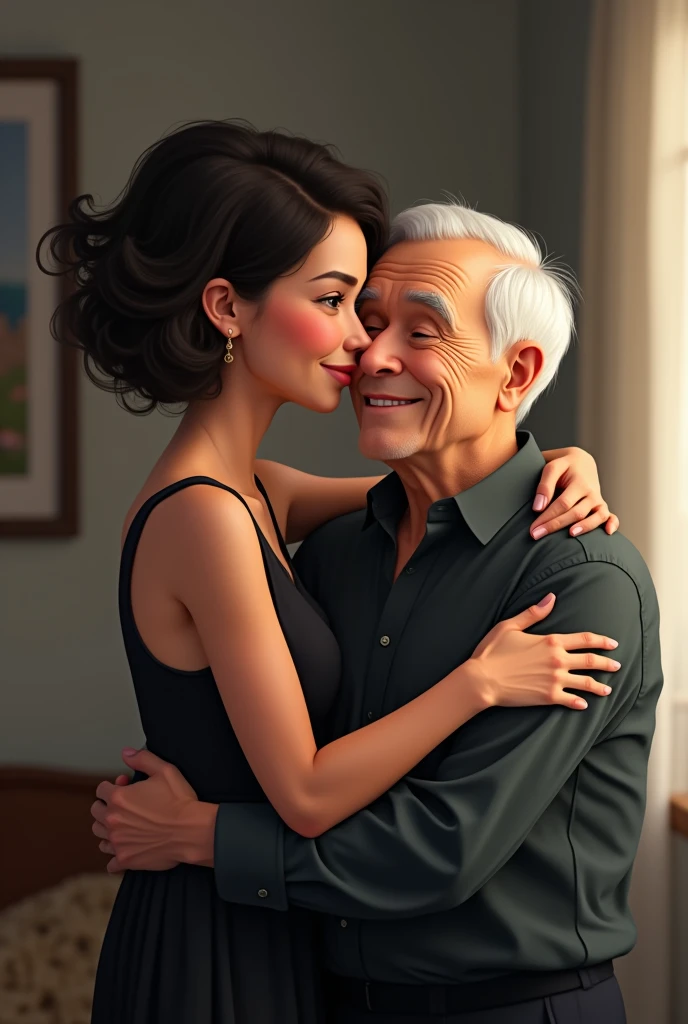 a 50-year-old woman who looks like a 45-year-old woman with curly hair wearing a black dress hugging her 85-year-old father with short white straight hair wearing a white t-shirt who looks like a 60-year-old woman with slanted eyes
