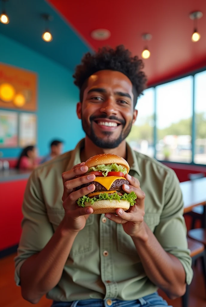 A 30-year-old Brazilian man eating hamburger in a modern cafeteria with interior decorated in blue and red colors. He's happy, looking at the camera. Super detailed, photo.