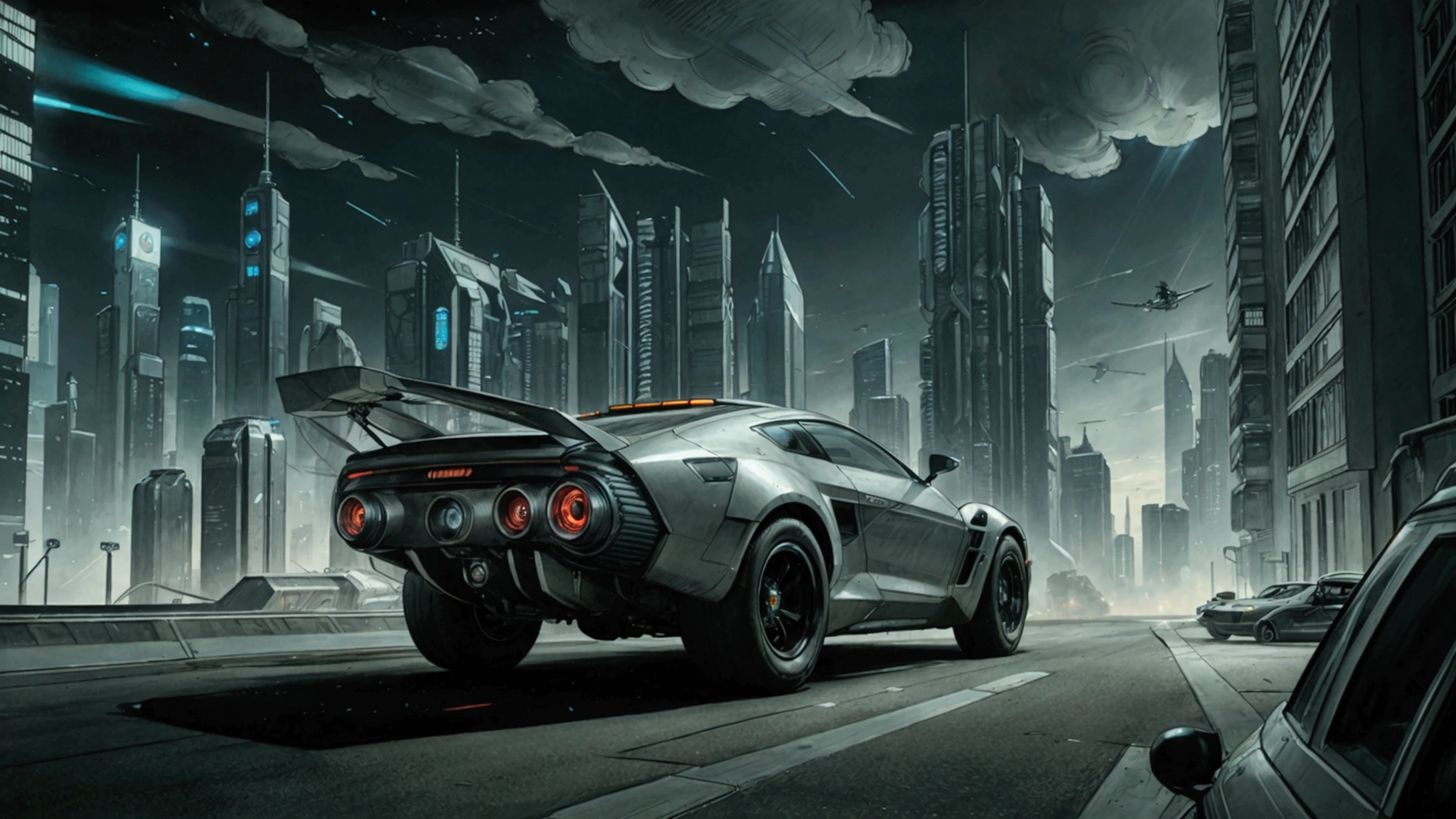 futuristic car flying between Cyberpunk/Futuristic buildings, cinematic lighting, wide shot, atmospheric perspective, perspective, sideways, Comics Americans, UHD, masterpiece, accurate, anatomically correct, textured skin, super detail, high details, high quality, award winning, best quality, highres