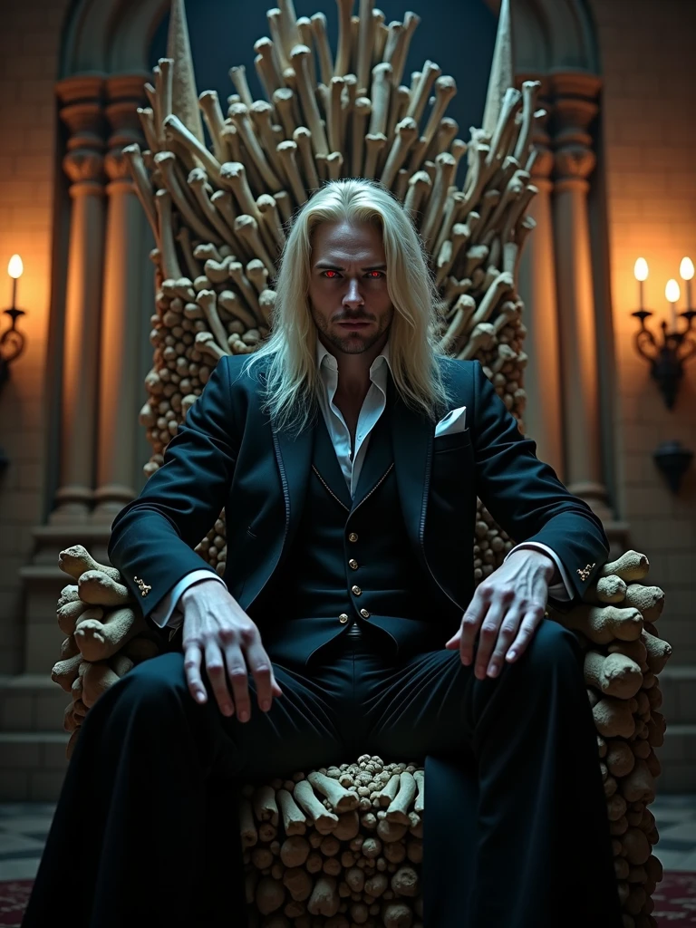 ((masterpiece, 8K, best quality, high resolution:1.3)), (a vampire sitting on his throne made of human bones in a dark castle:1.2), (editorial style photo:1.2), (his eyes are red and his skin is very pale:1.2), (his hair is long and blonde:1.2), (he is very strong:1.2), (his clothes are in Victorian style:1.2), (focus on his face:1.2), (Canon EOS 5DS R camera, perfect for capturing the intricate details of the scene:1.2), (paired with the Canon EF 85mm f/1.2L II USM lens:1.2), (the scene is illuminated with dramatic, low-key lighting:1.2), (his intense and piercing gaze showcasing his power:1.2), (a moment frozen in time, capturing his dark allure and the gothic atmosphere:1.3), (ultra photorealistic, highlighting his striking features and the eerie castle setting:1.3), (an image that transports viewers to a haunting and captivating moment:1.2), (a scene that exemplifies the mystique and danger of the vampire:1.2), Cinematic, Hyper-detailed, insane details, Beautifully color graded, Cinematic Lightning, Insanely detailed and intricate, Hyper maximalist, Volumetric, Full color, HDR, shallow depth of field, high budget Hollywood film, cinemascope, moody, epic, gorgeous