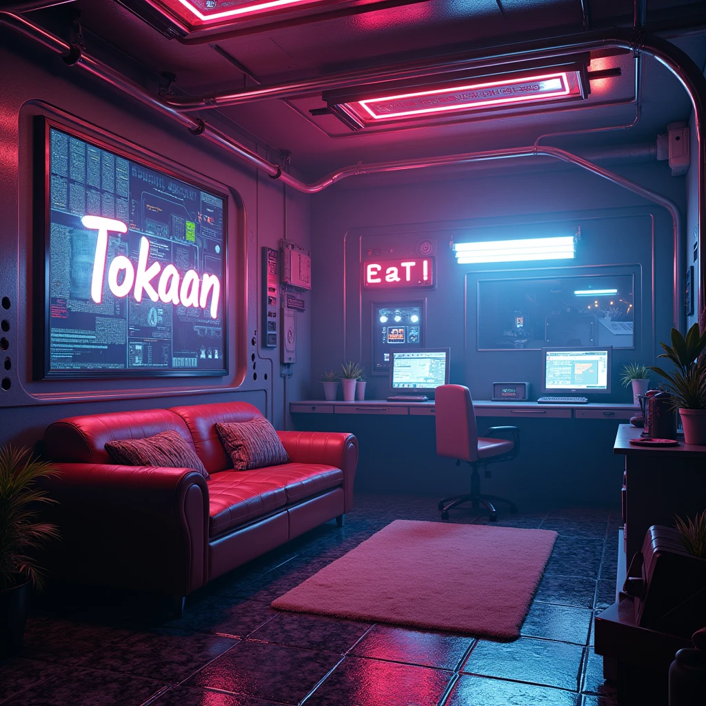 There is a room with a couch on the left for cyberpunk theme neon and written tokaan