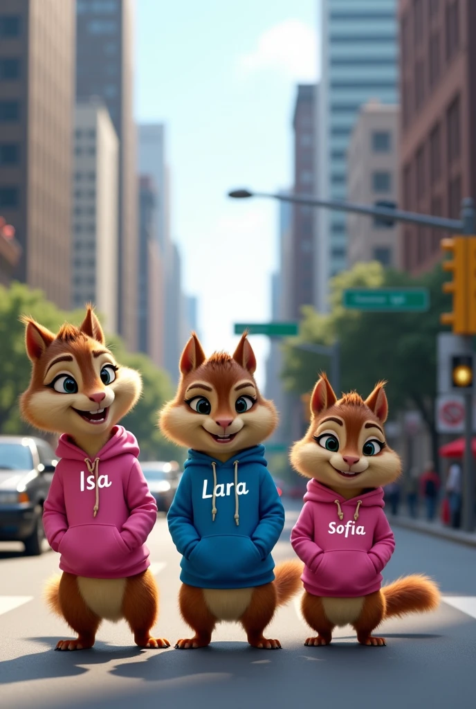 A live-action scene featuring three anthropomorphic female squirrels, similar to the characters from 'Alvin and the Chipmunks',' in the middle of a busy street in a big city. Two of the squirrels, Isa by Sophia, they are identical twins and are the same size and age, while the third, lara, is a little taller and appears to be the oldest. Lara has to be in the middle, and Isa and Sofia on the ends. The squirrels are wearing human clothes: Isa wears a pink sweatshirt with her name written on it, lara veste uma jaqueta azul com seu nome e Sofia usa um moletom rosa combinando com seu nome. Ao fundo, There are tall buildings, street signs and cars, capturing the vibrant atmosphere of a big city during the day