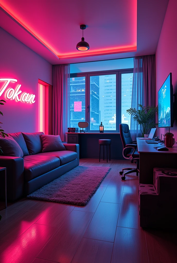 l y a une chambre avec un canapé, une chaise, et une télévision, dans une salle au thème cyberpunk, Éclairage ambiant au néon, chambre cyberpunk la nuit, chambre d'adolescent cyberpunk, salle futuriste, appartement cyberpunk, appartement rétro futuriste, the appartement cyberpunk, avec éclairage au néon, éclairage cinématographique au néon, Lumières OLED dans les coins, salle de jeux en 2 0 4 0, Lumières d'accentuation au néon avec ecrit Tokaan sur le mur de gauche sans personne dans la piece.