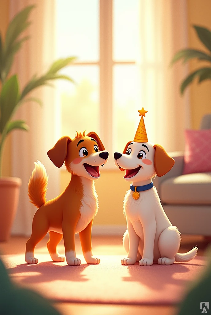 Illustration: Riks wagging his tail, sharing in Marium’s happiness.]
