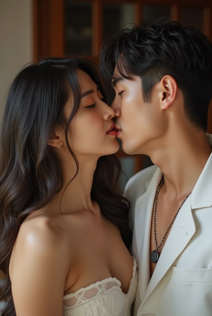 Beautiful Korean woman is having sex while licking the penis of a handsome Korean man