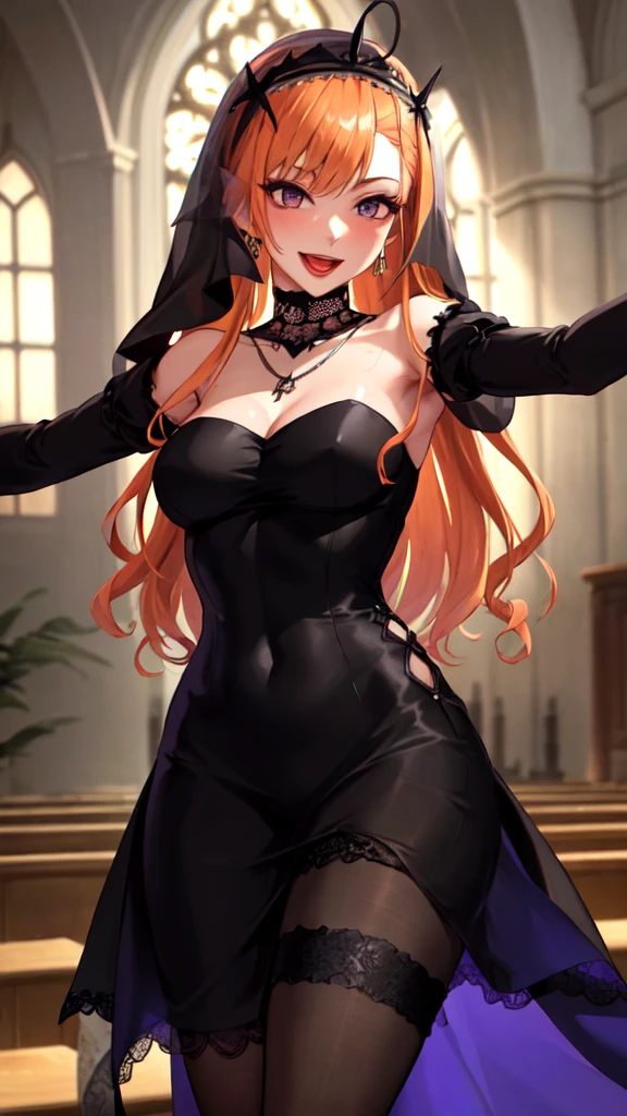 masterpiece, Highest quality, Arisugawa Natusha, One person, alone, Are standing, smile, bangs, indoor, Long Hair, Orange Hair, View your viewers, , Black Dress, Hands on hips, Blurred Background, Medium chest, , Cowboy Shot、Depth of written boundary、Are standing、whole body、Open Mouth、1girl、Gentle、Drill Hair、Cape、See-through sleeves、mask、mask、Top Hat、Grey Skirt、Thigh boots、Black Pantyhose、Long sleeve、smile、((Long black lace gloves、Black Pantyhose、Black veil、evil、Woman fused with a cockroach、Poisonous stinger on her tail、High heels、Black Chiffon Dress、Wide sleeves、Flare Skirt、Black Pantyhose、evilな女性エグゼクティブ、evilな秋、brainwashing、Lace fabric、Shiny legs、Black lipstick、evilな外観、Suspicious Appearance、hollow eyes、Reaching out、Raise your arms、At church、Palm Facing Forward、Purple Lipstick、pendant