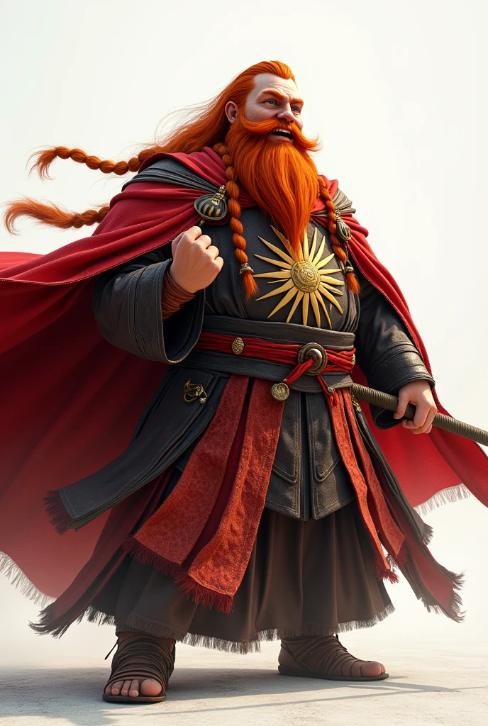 ((kimono)), Arafed, (male: 1.3), dwarf, (Masterpiece, intense details: 1.5) full body, red cloak with, flowing cloak (holy symbol sun: 1.2), red hair, long braided beard, hair strand, smile, high detail, Realism, Action painting, depth of field, god rays, wide shot, panorama, Ultra-Wide Angle, uhd, super detail, high quality, Photorealism, 16K, highres, No background, White background, background through
