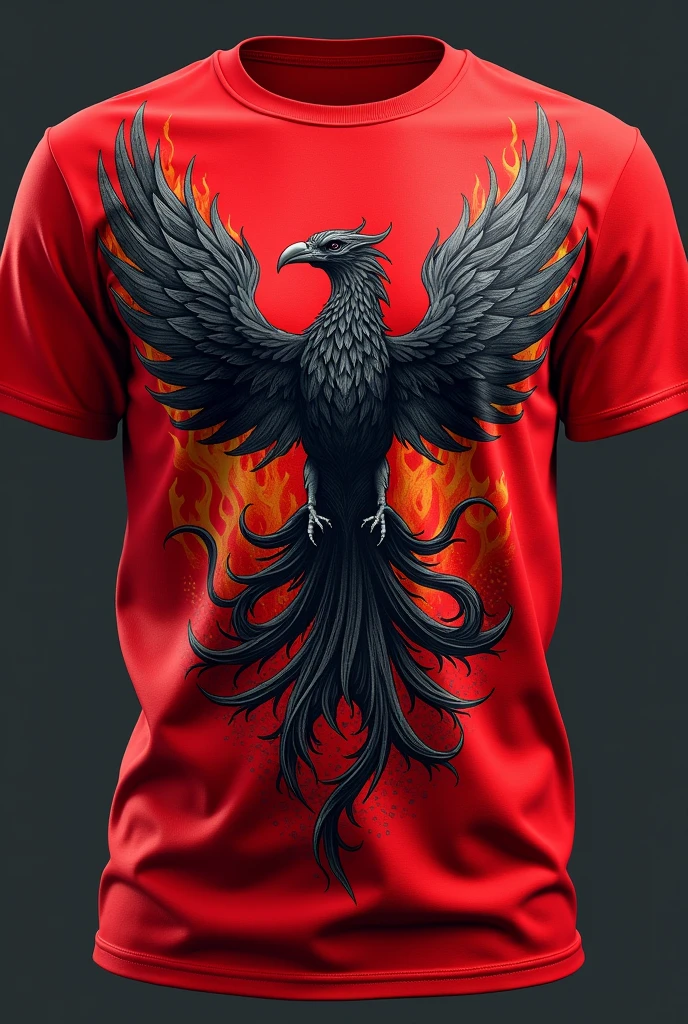 Red and black t-shirt with a phoenix on the chest