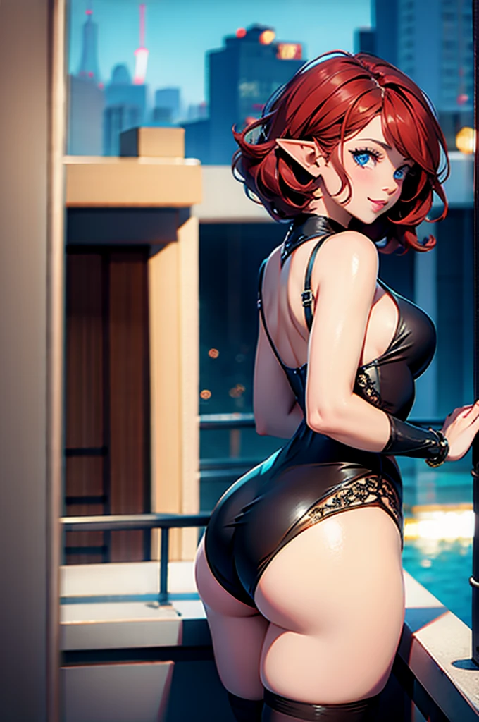 1girl, female elf, short red hair, blue eyes, curvy body, evening gown, black high heels, standing near balcony near lake, full pouty lips, lewd smile, pinup pose, back view, looking back at viewer longingly, black silk stockings