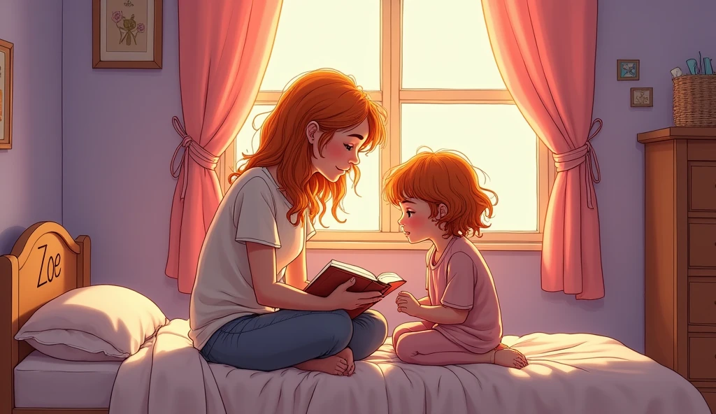 A pencil sketch image coloured image of a mother and daughter in a bedroom in a daughter's bedroom and the daughter's name is Zoe at the back of the bad the name of the joy is written and the room is decorated as a kids room paint of the room is purple , a window , and pink curtains a brown cupboard in corner of room . its night time and the mother is reading a story book to her daughter in the bed.
Make a call tonic image less detailed a rough Orange coloured hair of both mother and daughter . Daughter have curl wavy open messed up hair .