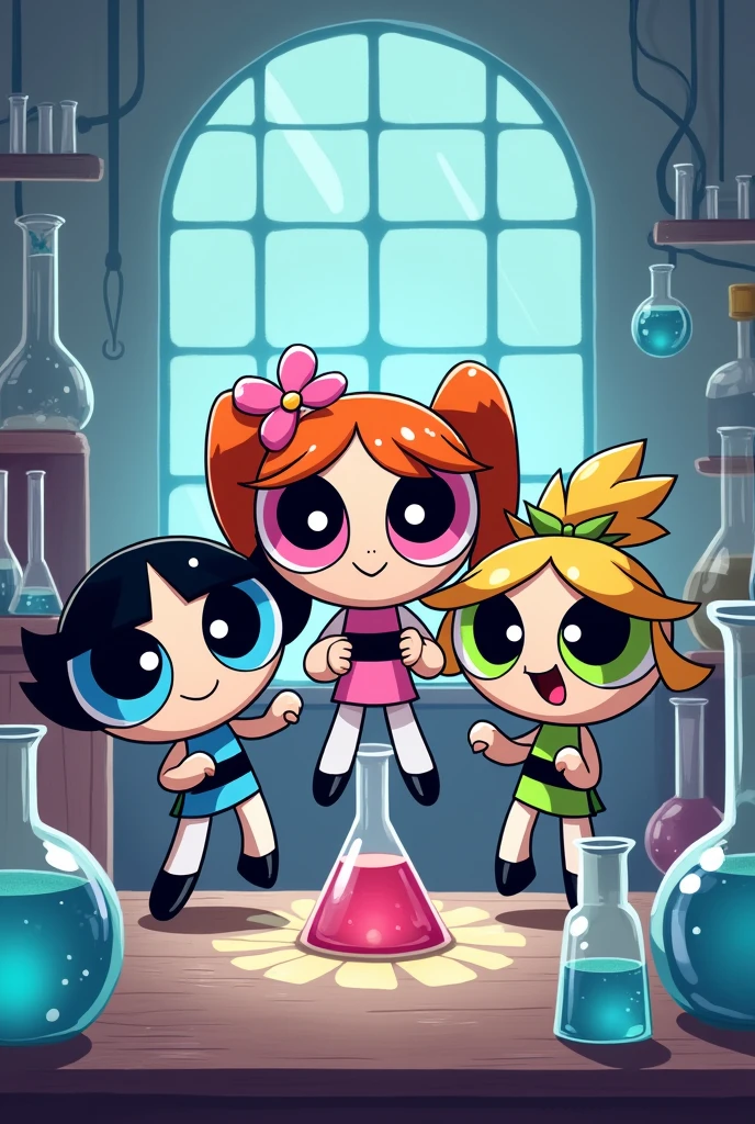 Create the Powerpuff Girls, cute with blue clothes and eyes, little flower with pink eyes and clothes and sweetie with green clothes and eyes, with laboratory flasks in a laboratory