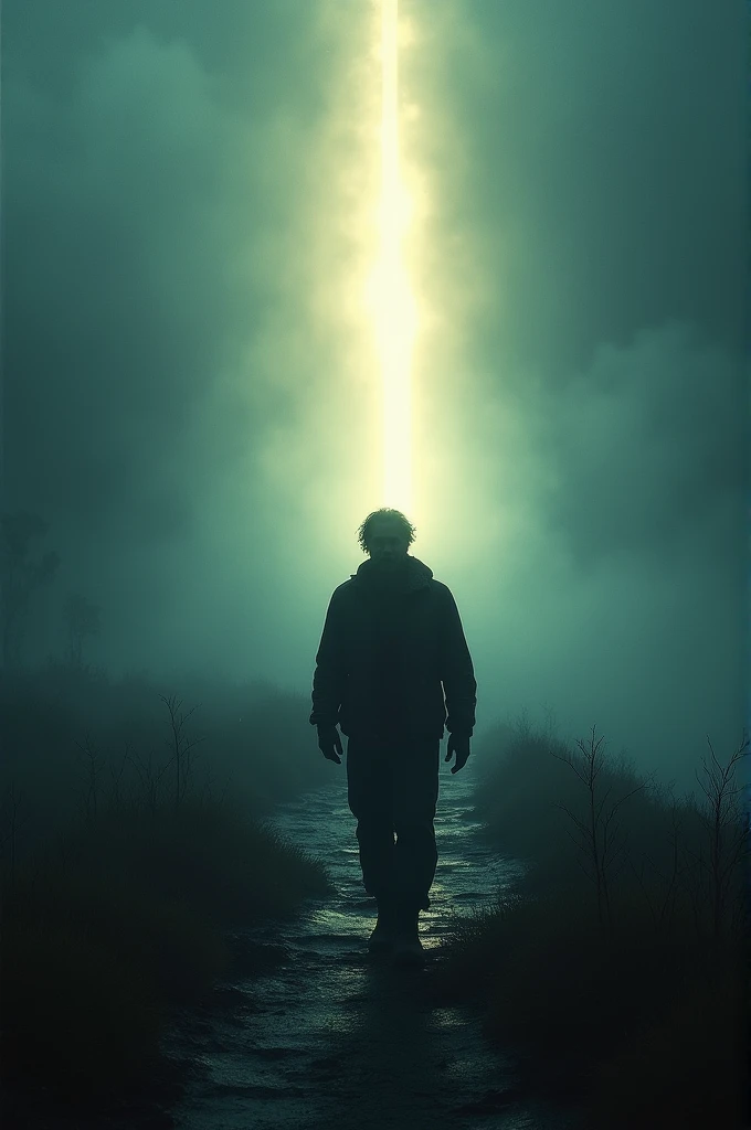 Draw me a picture of a man going towards the light 
