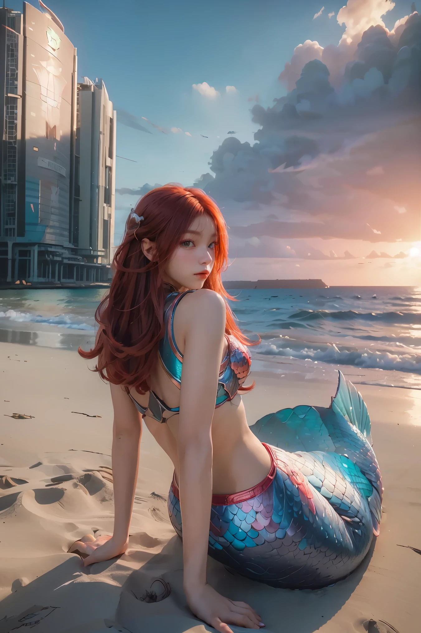 ((masterpiece, best quality, extremely detailed), volumetric lighting, ambient occlusion, colorful, glowing), 1girl, solo, young girl, (red hair), long hair, goddess, cyber suit, (mermaid design:1.3), outdoors, sunset, sky, clouds, beach, sea, , (cyberpunk theme:1.2),